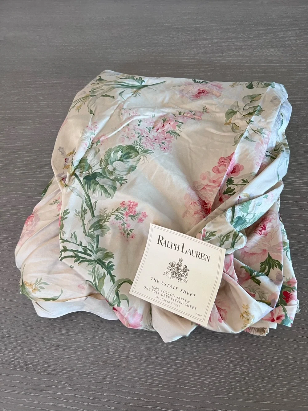 Ralph Lauren Cream Fitted Sheet with Pink Floral and Green Leaves